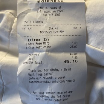 matchbox - 45.10, not including tip, for pasta and one drink. It was good but not worth the price. - Pizza Near Me - Arlington, Virginia matchbox - 45.10, not including tip, for pasta and one drink. It was good but not worth the price. - Pizza Near Me - Arlington, Virginia