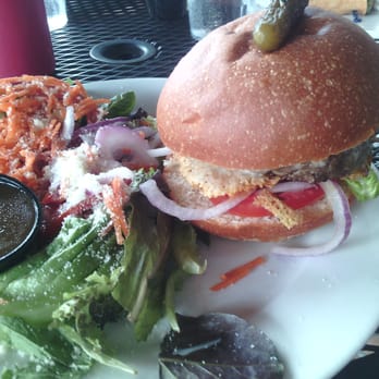 Blue Mountain Brewery - Burger with side salad. Notice disgusting burnt cheese the kitchen fell asleep on. - Brewpubs Near Me - Afton, Virginia