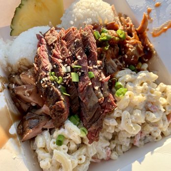 Lilo's BBQ - The Big Kahuna ~ Auntie's Huli Chicken Ginger Beef Kalua Pig Mac Salad & Sticky Rice - Barbeque Near Me - Hood River, Oregon Lilo's BBQ - The Big Kahuna ~ Auntie's Huli Chicken Ginger Beef Kalua Pig Mac Salad & Sticky Rice - Barbeque Near Me - Hood River, Oregon