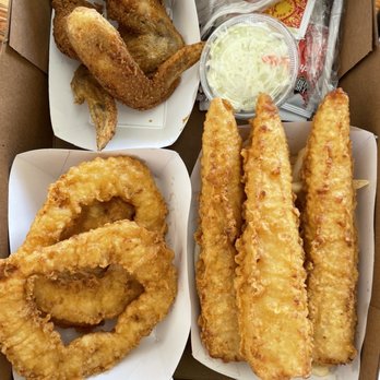 England Fish & Chips - Wings. Jumbo shrimp. Fish and chips. Eggroll. Coleslaw. - Seafood Near Me - Long Beach, California