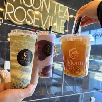 Moon Tea House - Left: Matcha Oreo Tornado with boba Middle: Ube Tarro with boba Right: Tropical Fruit Tea - Coffee & Tea Near Me - Roseville, California Moon Tea House - Left: Matcha Oreo Tornado with boba Middle: Ube Tarro with boba Right: Tropical Fruit Tea - Coffee & Tea Near Me - Roseville, California