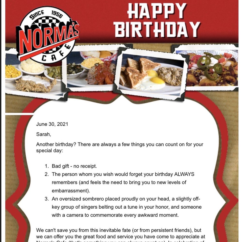 Norma's Cafe - 7-14-2021. Birthday BOGO entree - American Near Me - Dallas, Texas Norma's Cafe - 7-14-2021. Birthday BOGO entree - American Near Me - Dallas, Texas