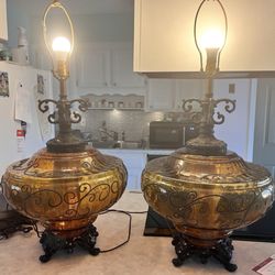 Tenley's Antique Shop - Mid-century Hollywood Regency glass amber lamps