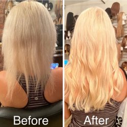 Hair Extensions Manhattan - Tape-in extensions color matched to her own blonde. Length and body in one appointment.