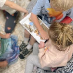 Children telling stories about their family photo albums