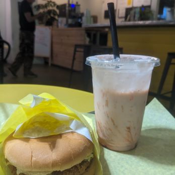 Lucky Goose - The Lucky chick'n sandwich and a cherry  shake. - Vegan Near Me - Albuquerque, New Mexico