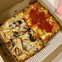 Pi-Squared Pizza - Half Fig-et About It Pizza and Half Chicken Parmesan Pizza