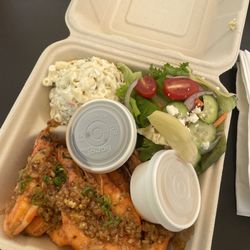 Ganotisi's Pacific Rim Cuisine  - Butter garlic shrimp with mac salad and salad. i got the papaya seeds dressing