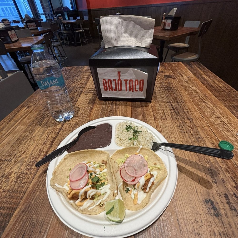 Two Baja Fish Tacos, rice and beans lunch special Two Baja Fish Tacos, rice and beans lunch special