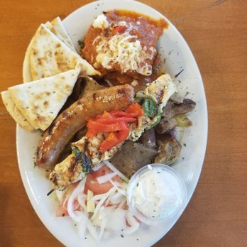 Opa! Greek Taverna - Mt Olympus platter (gyros, chicken skewer, sausage, greak pasta, pitas and roasted potatoes) - Greek Near Me - Rowlett, Texas
