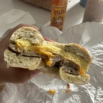 HB Bagels & Cafe - Bagel with Eggs, Sausage & Cheese (jalapeño bagel) - Bagels Near Me - Huntington Beach, California