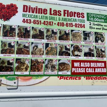 Divine Las Flores - a menu on the side of a truck - Food Trucks Near Me Divine Las Flores - a menu on the side of a truck - Food Trucks Near Me