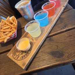 Cocktail flight, beer and fries Cocktail flight, beer and fries