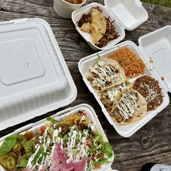 Rico's Taco Shop - Birria tacos and carnitas platter with a nacho plate. - Tacos Near Me - Volcano, Hawaii