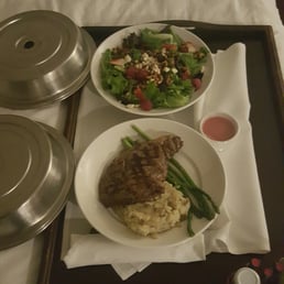 Room service salad and steak.