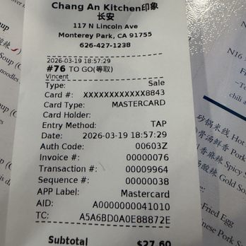 Changan Kitchen - Bill for combo special and Dan Dan noodles - Noodles Near Me - Monterey Park, California