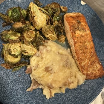 Blue Crab Restaurant - Lemon Pepper Salmon with mashed potatoes and brussel sprouts - Seafood Near Me - West Point, Virginia