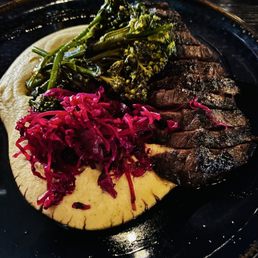 Strip Steak: broccolini, potato mille feuille, creme fraiche, chimichurri Strip Steak: broccolini, potato mille feuille, creme fraiche, chimichurri