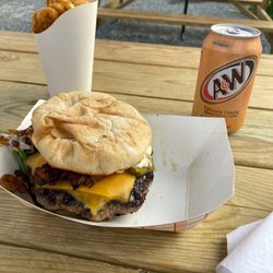 Red Tractor Food Truck - Bacon cheeseburger, curly fries and soda.