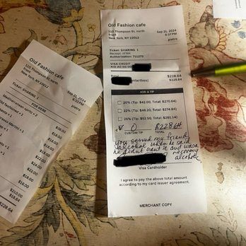 Old Fashion Cafe - Receipt and note. - Cafes Near Me - New York, New York Old Fashion Cafe - Receipt and note. - Cafes Near Me - New York, New York