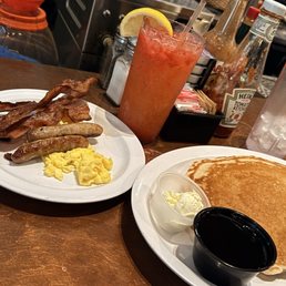 Pancake Combo with sausage, bacon and eggs Strawberry Lemonade Pancake Combo with sausage, bacon and eggs Strawberry Lemonade