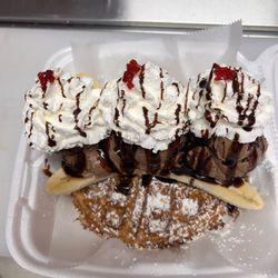 Ava's Ice Cream and Water Ice - Belgian Waffle Banana Split with Homade Chocolate Banana ice Cream, Chocolate Syrup,Whipped Cream and Crushed Cherries