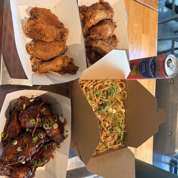 Shlap Muan - Bottom left: Peking wings. Bottom right: dirty Elvis. Top right: garlic noodles. Top left: spicy Cambodian dirt. - Cambodian Near Me - Monrovia, California Shlap Muan - Bottom left: Peking wings. Bottom right: dirty Elvis. Top right: garlic noodles. Top left: spicy Cambodian dirt. - Cambodian Near Me - Monrovia, California