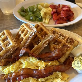 Brewberry Cafe - The Waffle Breakfast- with eggs and choice of bacon or sausage - Coffee & Tea Near Me - Anaheim, California Brewberry Cafe - The Waffle Breakfast- with eggs and choice of bacon or sausage - Coffee & Tea Near Me - Anaheim, California