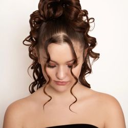 Hair was wand curled then pinned up for photoshoot