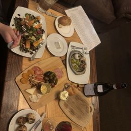 Escargot, charcuterie board, beet salad, Nebbiolo