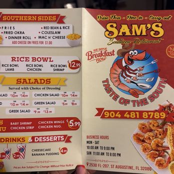 Sam's Southern Restaurant - Lunch Menu Side 2 - Southern Near Me - St. Augustine, Florida
