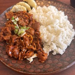 Narita Express - Hot Pork Bulgogi with white rice and yaki mandu.