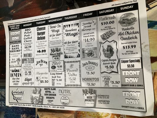 Menu photo 1 Front Row Sports Bar And Grill Ocoee, FL