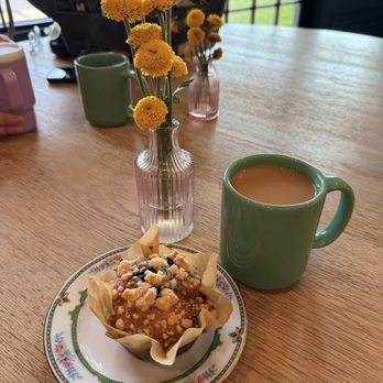 Flake Bakery And Larder - Blueberry lemon muffin and coffee, there's always fresh flowers on the tables so far. - Bakeries Near Me - Taylor, Texas