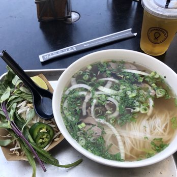 Hiccups Veo Cafe - Beef Pho with Unsweetened Green Tea lunch special $11 with tax - Asian Fusion Near Me - Carson, California