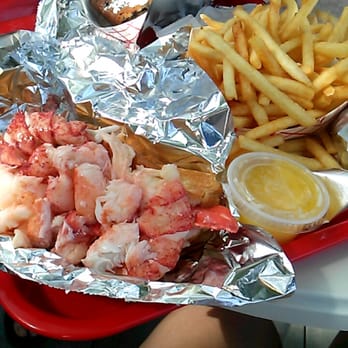 Red's Eats - Lobster roll, fries, blueberry cake, and the clam roll in the back. - Seafood Near Me - Wiscasset, Maine