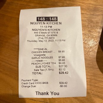 Nguyen's Kitchen - The receipt - Vietnamese Near Me - Orange, California