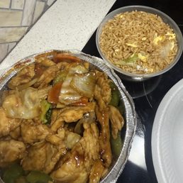 sizzling chicken, egg fried rice sizzling chicken, egg fried rice