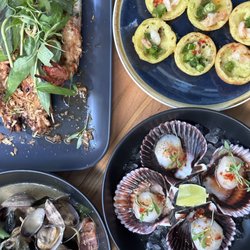Hawker Night Menu - Caramelized River Prawns, Steamed Clams, Crispy Vietnamese Rice cakes, scallop crudo
