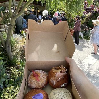 SoDo Donuts - (Clockwise) Strawberry Rhubarb Jam, Savory Sour Cream & Onion, Kava Jam & Coffee Glaze and Chocolate Lavender Custard at SoDo Donuts. - Donuts Near Me - Berkeley, California