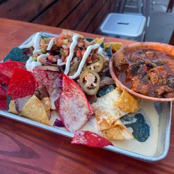 Loaded Nachos with Smoked Brisket and a side of Chili :)