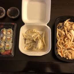 Philly rolls, steamed dumplings, udon noodles with chicken. Philly rolls, steamed dumplings, udon noodles with chicken.