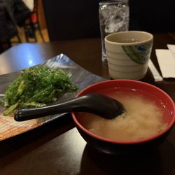 Tokyo Japanese Restaurant - Seaweed Salad, Miso Soup, green tea and water