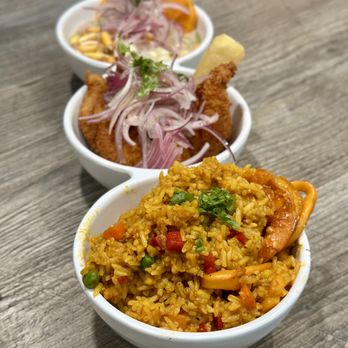 Ceviche 19 - Piqueo Fragata (fish ceviche, arroz con mariscos, and chicharron de pescado) - Peruvian Near Me - Anaheim, California