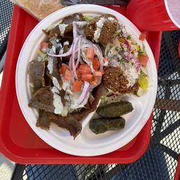 Beef-Lamb Gyro Special Plate with falafels and Beef Grape Leaves Beef-Lamb Gyro Special Plate with falafels and Beef Grape Leaves