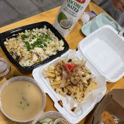 Yume x Sizzling - Pepper rice Chicken cucumber salad miso soup vegetable croquette