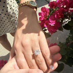 Diamond Vault - Cushion Cut Diamond on thin gold band after proposal and engagement