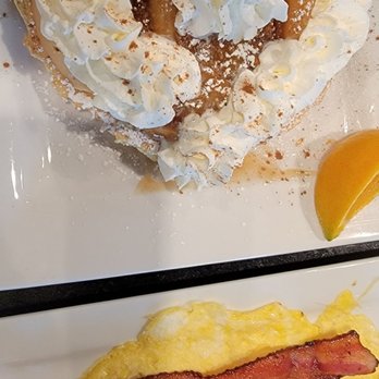 Keke's Breakfast Cafe - Apple Cinnamon Waffle and Bacon with scrambled eggs. - Breakfast & Brunch Near Me - Riverview, Florida