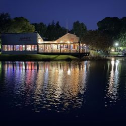 Riverside RV Park at Village West Marina & Resort - View of Garlic Brothers Restaurant from the end of the peninsula