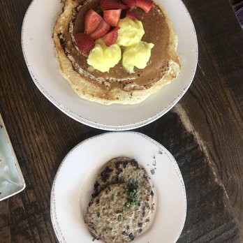 First Watch - Lemon Ricotta Pancakes with a side of Chicken Sausage patties - Breakfast & Brunch Near Me - Plano, Texas